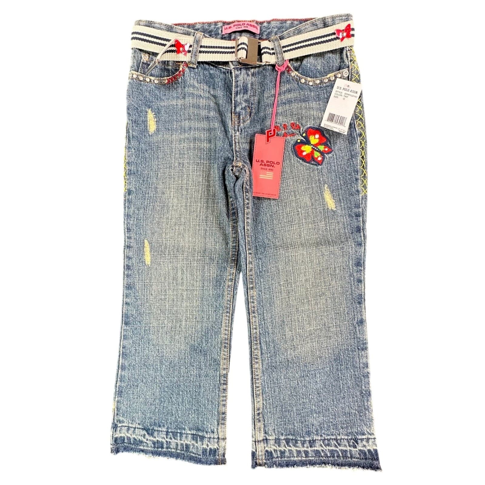 U.S. Polo Assn Jeans Girls 12 Blue Denim Y2K Butterfly Embroidered Belted USPA