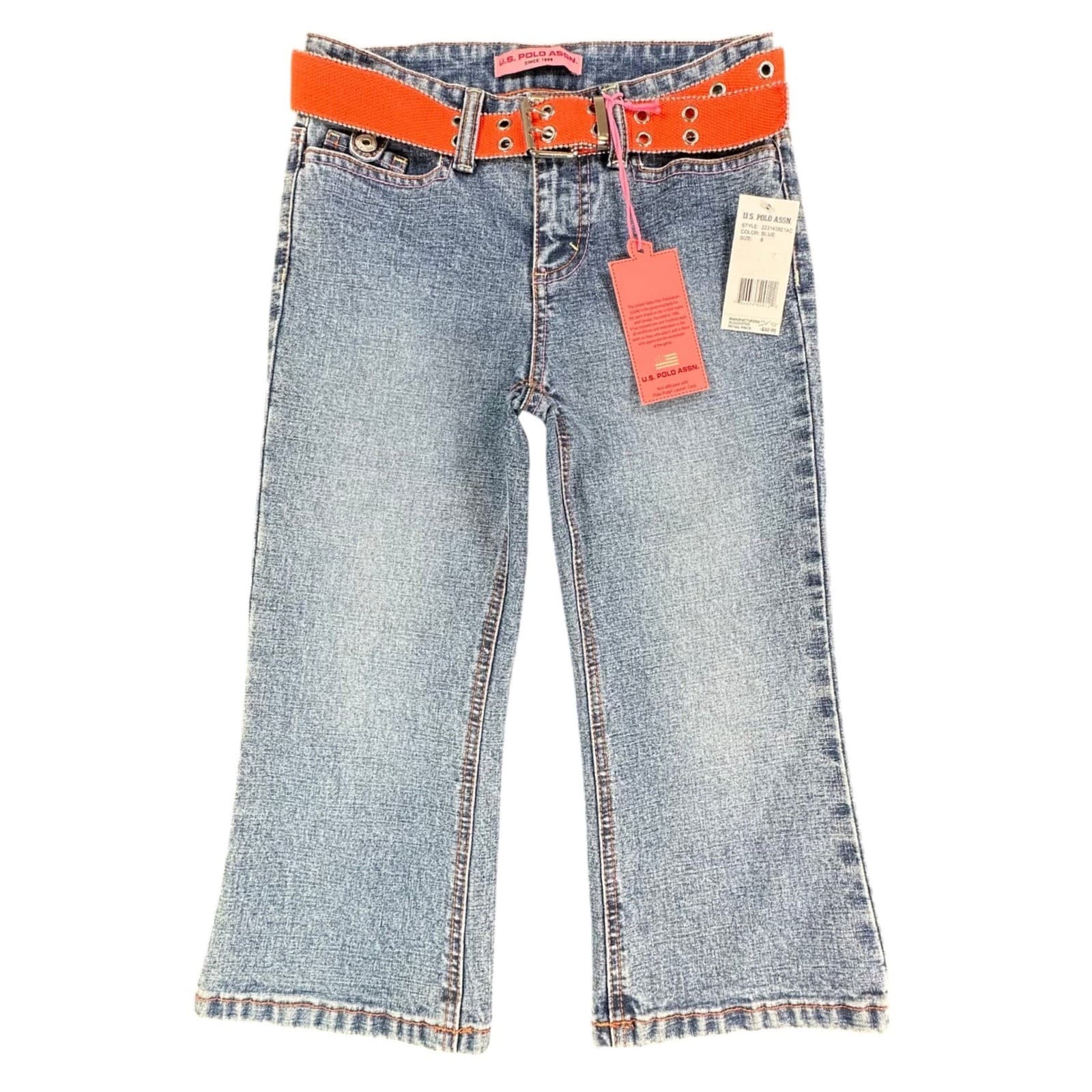 U.S. Polo Assn Jeans Girls 8 Blue Ramie Cotton Stretch Flare Y2K With Belt New