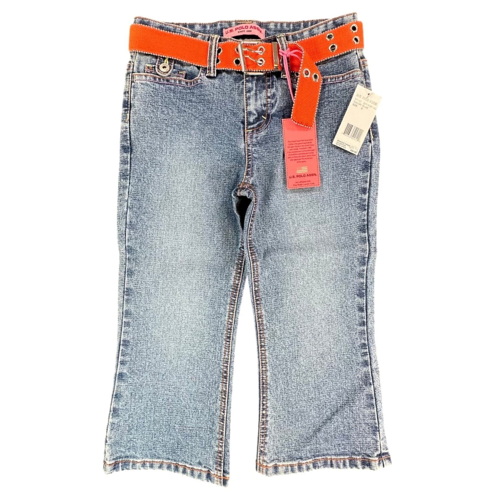 U.S. Polo Assn Flare Jeans Girls 8 Blue Ramie Cotton Stretch Y2K With Belt