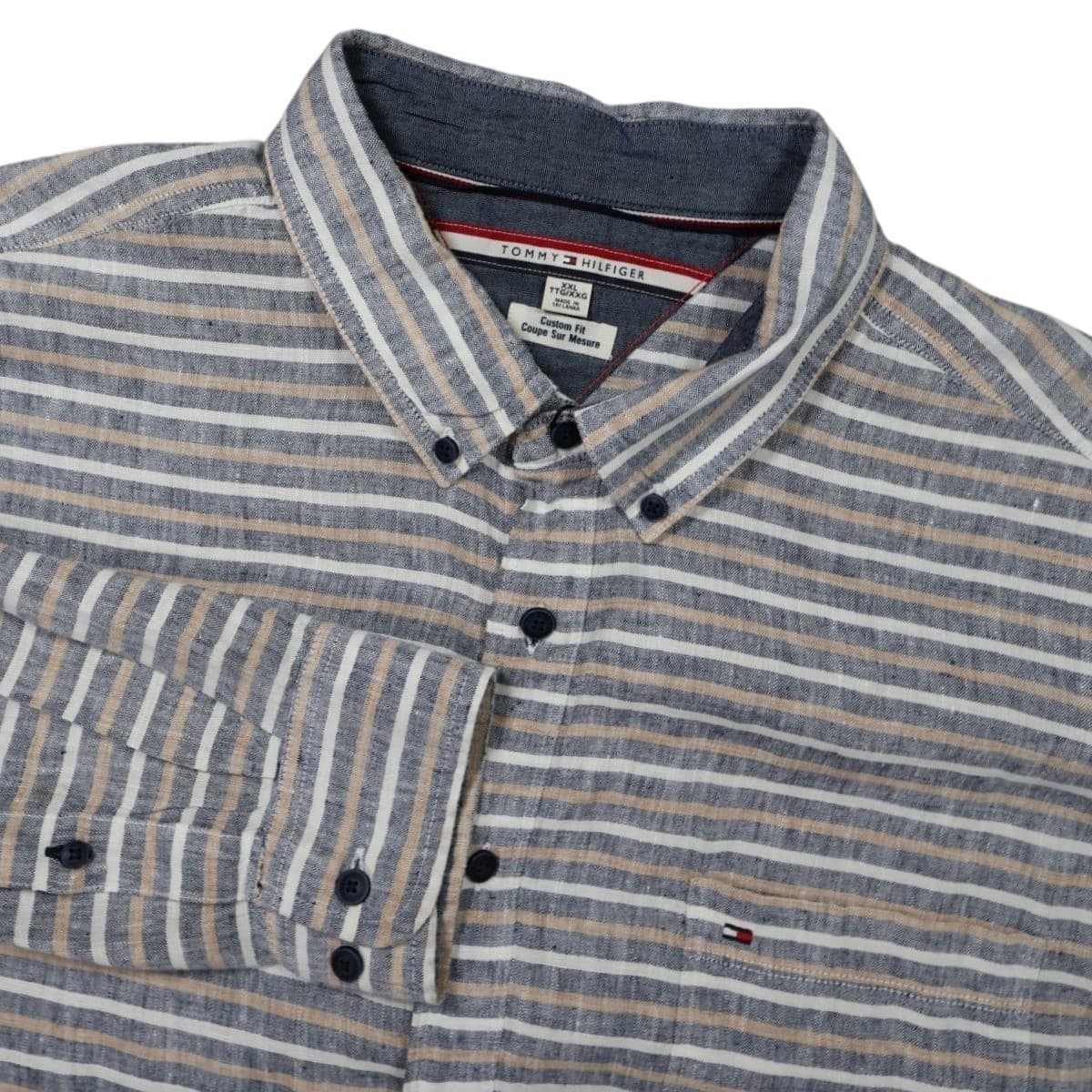 Tommy Hilfiger Button Down Shirt Mens XXL Blue Excellent Vintage Striped Linen