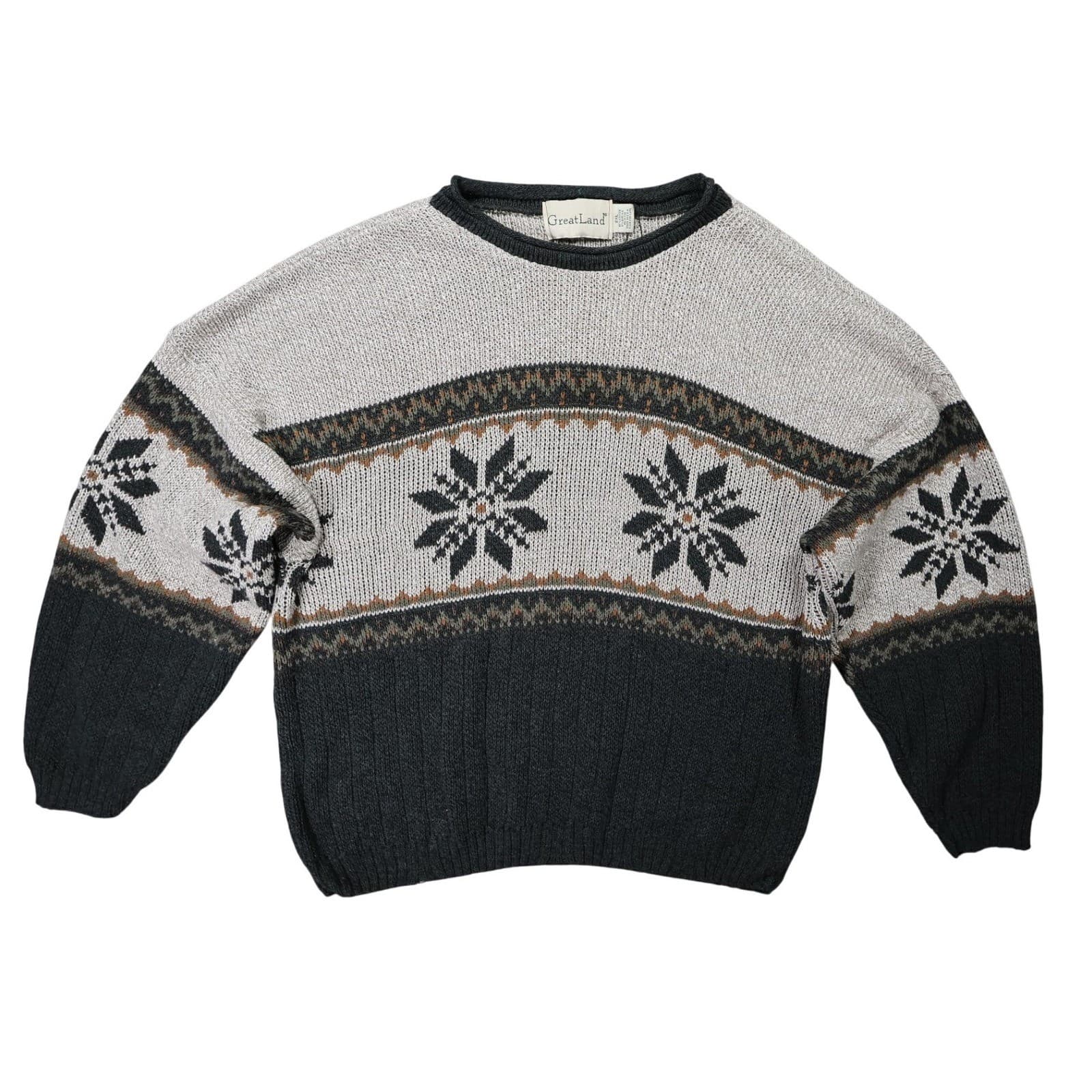 GreatLand Crewneck Sweater Mens 2XL Gray Excellent Vintage Snowflake Pattern