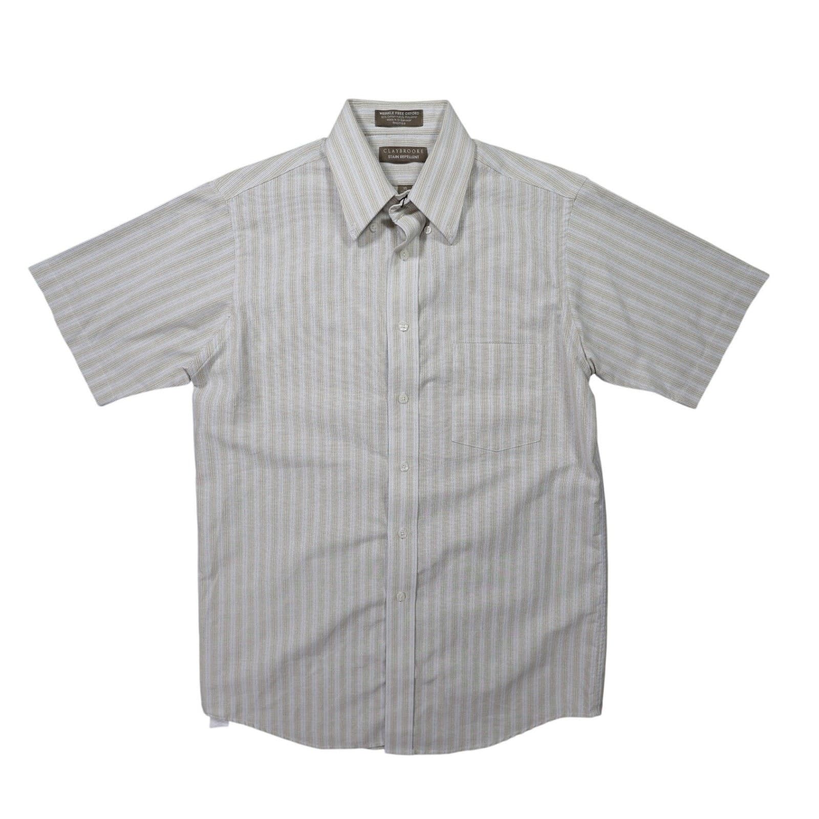 Claybrooke Button Front Shirt Mens Medium Tan Excellent Short Sleeve Striped