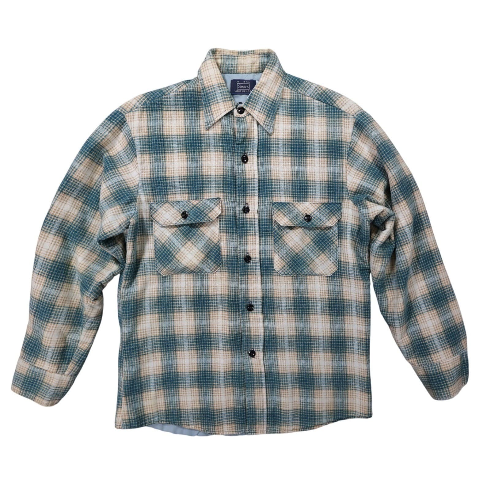 Sears Quilted Flannel Shirt Jacket Mens Medium Blue Plaid Excellent Vintage