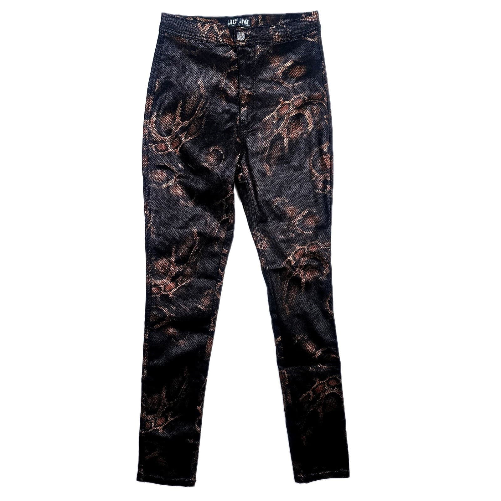 JC & JQ Jeans Women's Snake Print Skinny Leg Pants Size L Black Brown Metallic