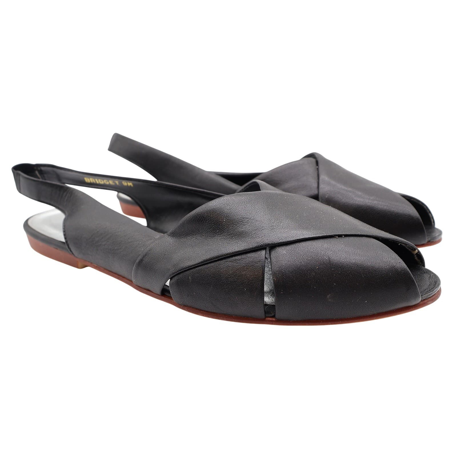 Nicole Bridget Sandals Women 9 Black Leather Slingback Flat Peep Toe Vintage y2k