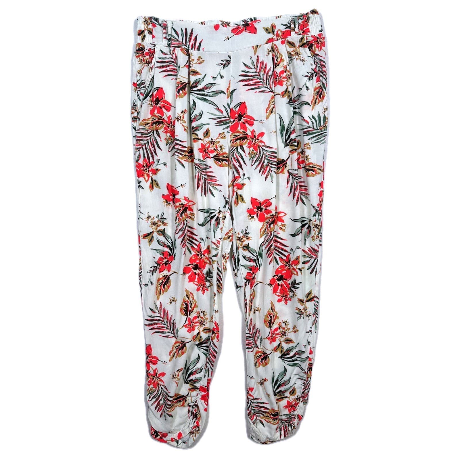 ONE5ONE White Floral Tropical Leaf Print Jogger Pants Women's Size L