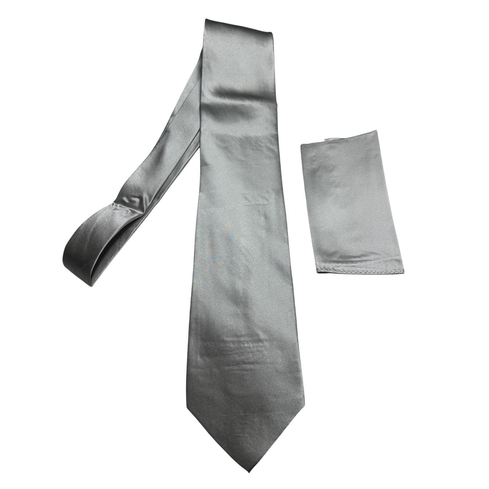 Stafford Silk Tie Pocket Square Set Mens OS Silver New Solid Satin 63"