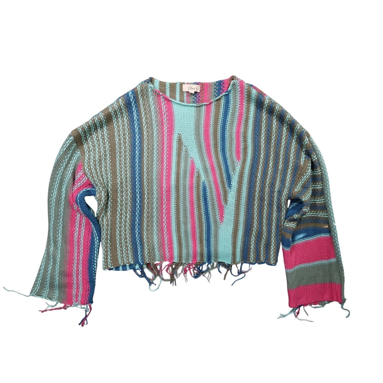 Elan Sweater Women Medium Multicolor Excellent Striped Distressed Cropped Boho