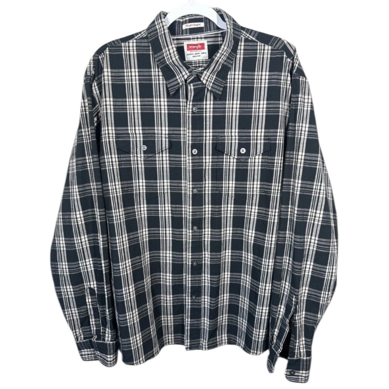 Wrangler Mens Plaid Long Sleeve Button Up Shirt XL Black White Western Casual