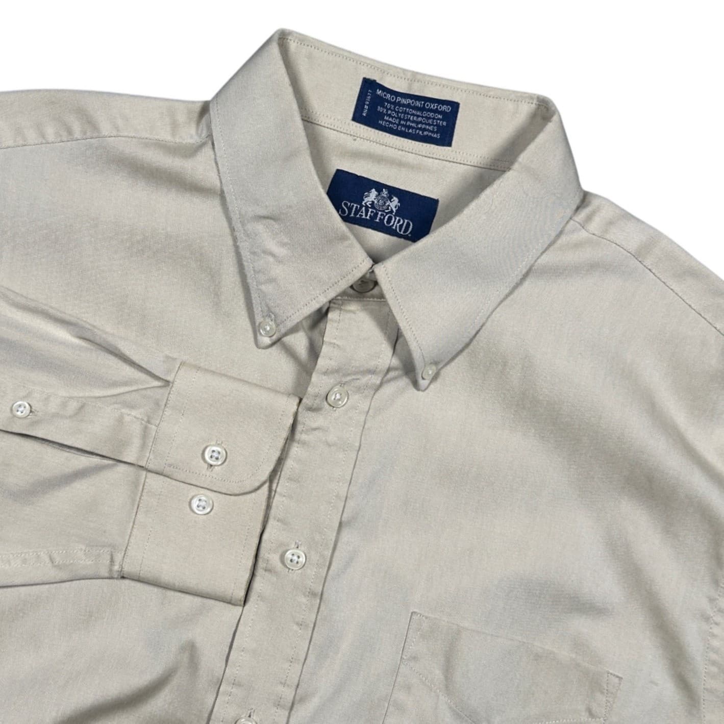 Stafford Button Down Shirt Mens 17 32-33 Tan Excellent Micro Pinpoint Oxford