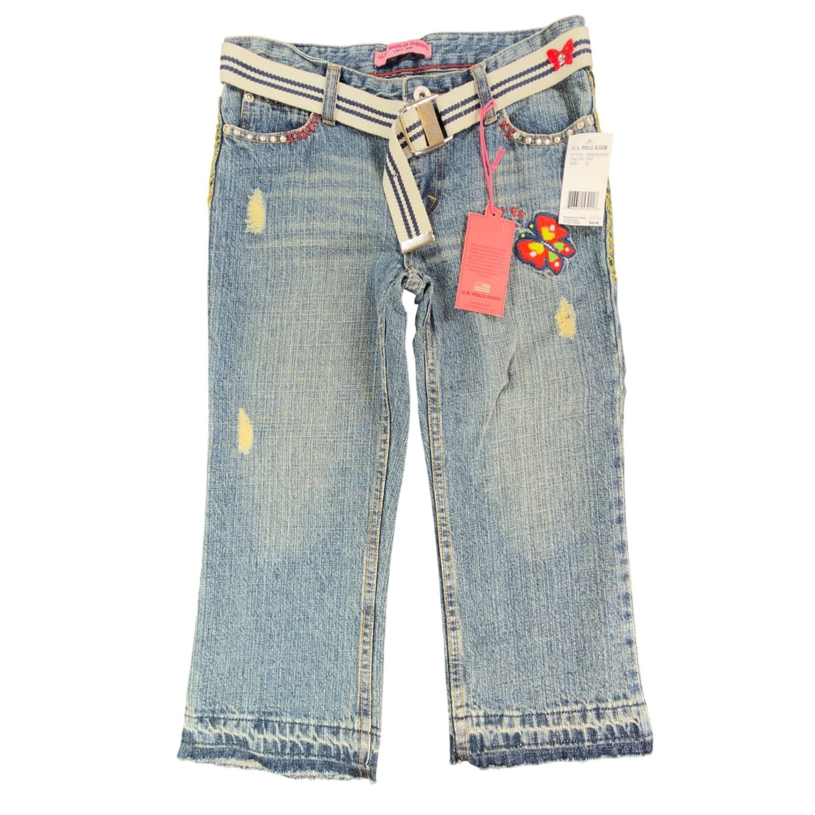 U.S. Polo Assn Jeans Girls 12 Blue Ramie Cotton Y2K Butterfly Embroidered Belt