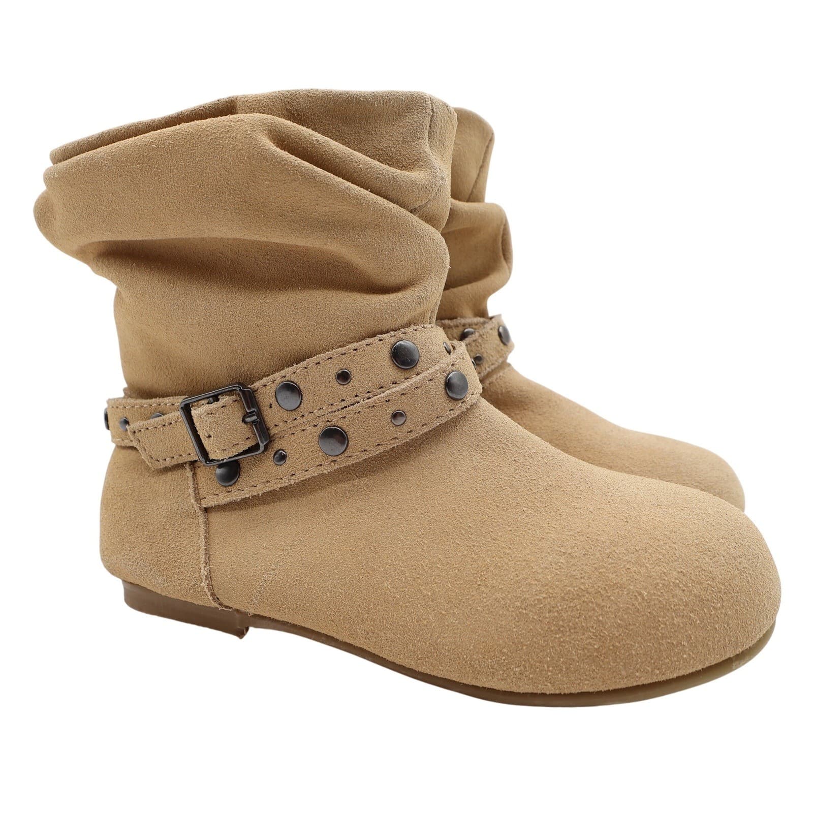 L'Amour Girls Size 11 Tan Leather Slouch Studded Buckle Ankle Boots