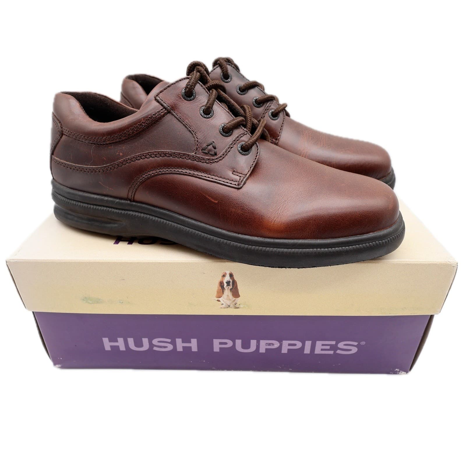 Hush Puppies Glen Shoes Mens 9.5 Brown Leather Comfort Casual Oxford 19078 NOS
