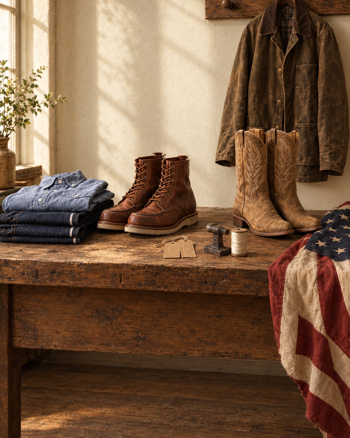 Leather moc-toe work boots, tan western boots, raw denim and a chambray shirt on an oak workbench beside a faded American flag