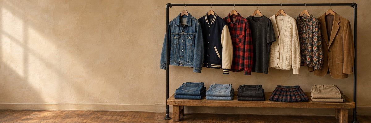 Vintage denim trucker jacket, varsity jacket, flannel, cable-knit cardigan, floral blouse and corduroy blazer on an iron rack above folded jeans, a plaid skirt and chinos