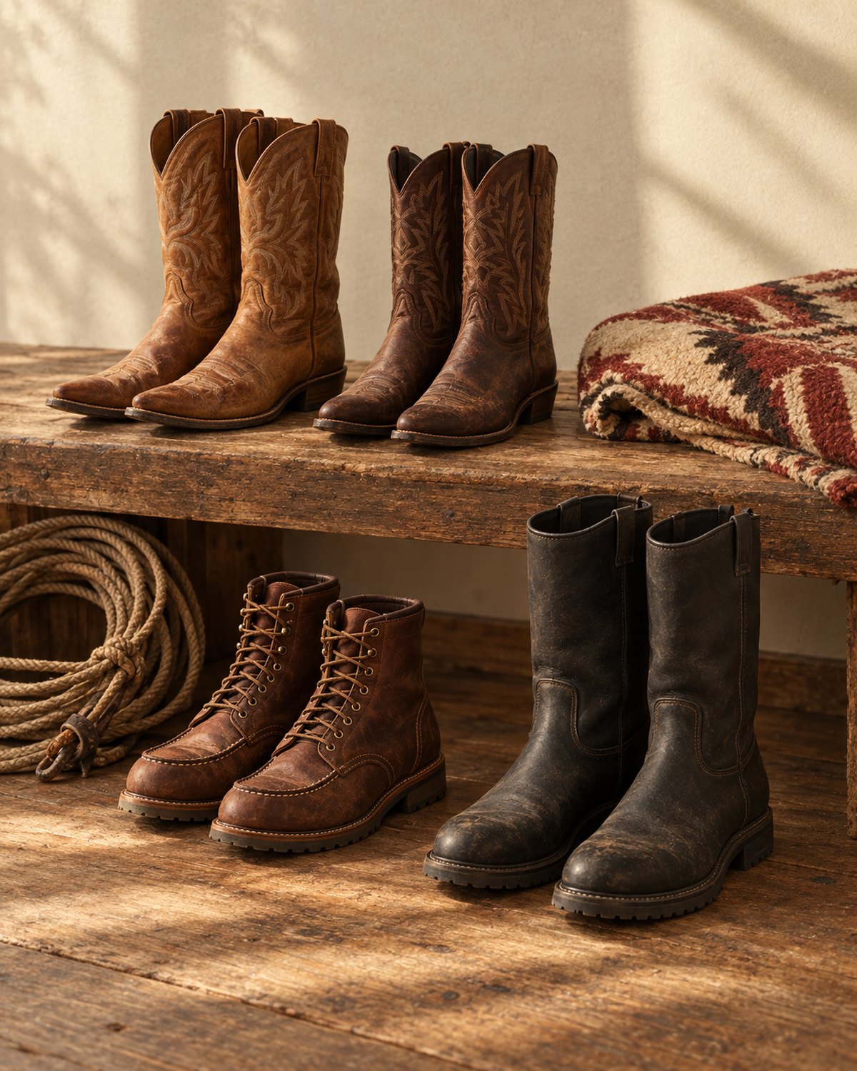 Tan and brown western boots, moc-toe lace-up work boots and black pull-on wellingtons on a barn-wood bench