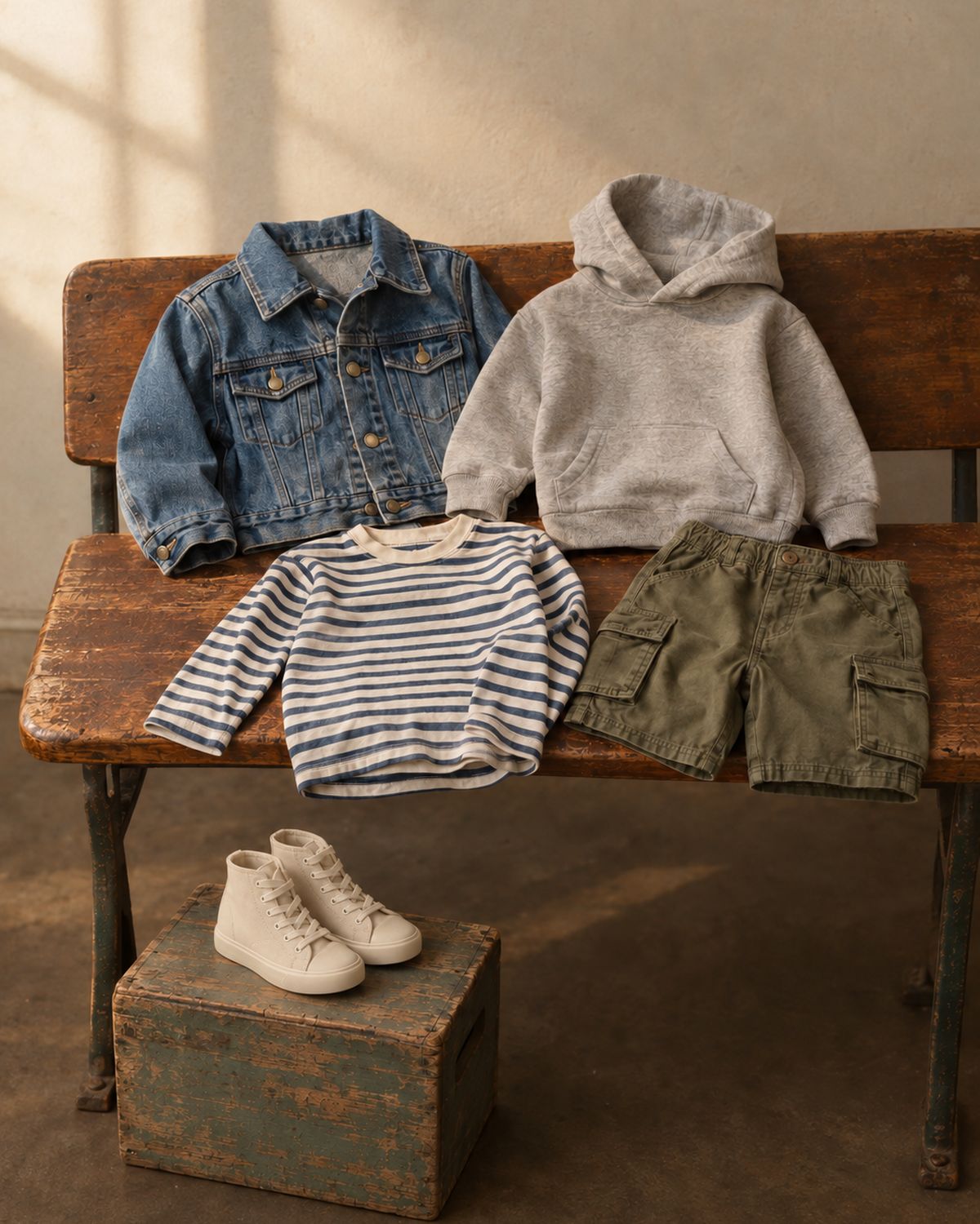 Boys' denim jacket, grey hoodie, striped tee, cargo shorts and high-top sneakers on a vintage school bench