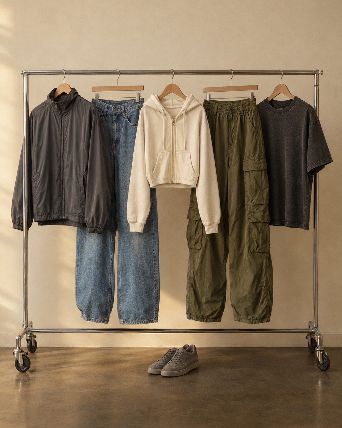 Track jacket, baggy jeans, cropped zip hoodie, cargo pants and boxy tee on a chrome rolling rack