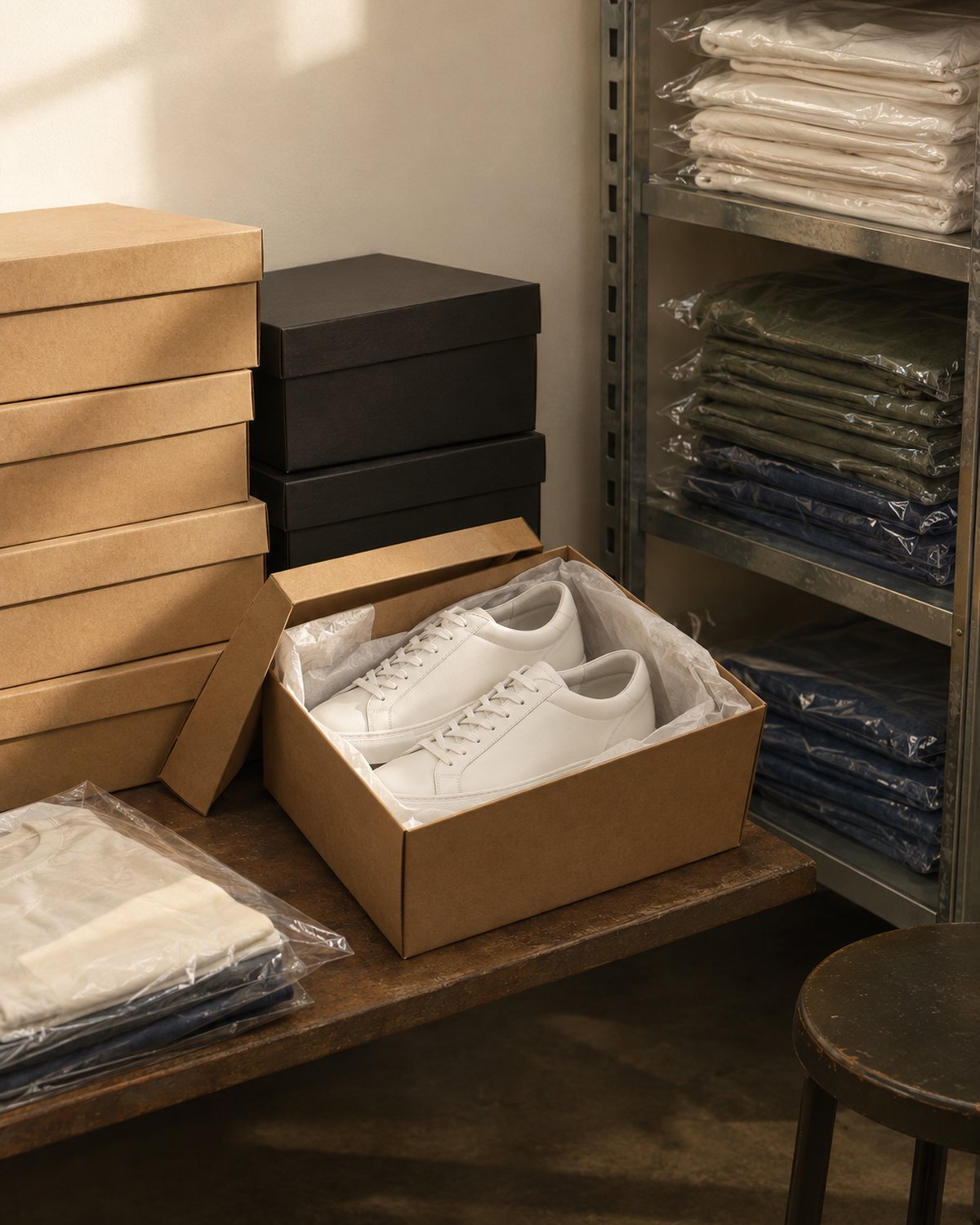 Unworn white leather sneakers in an open box beside plain shoe boxes and bagged tees in a stockroom