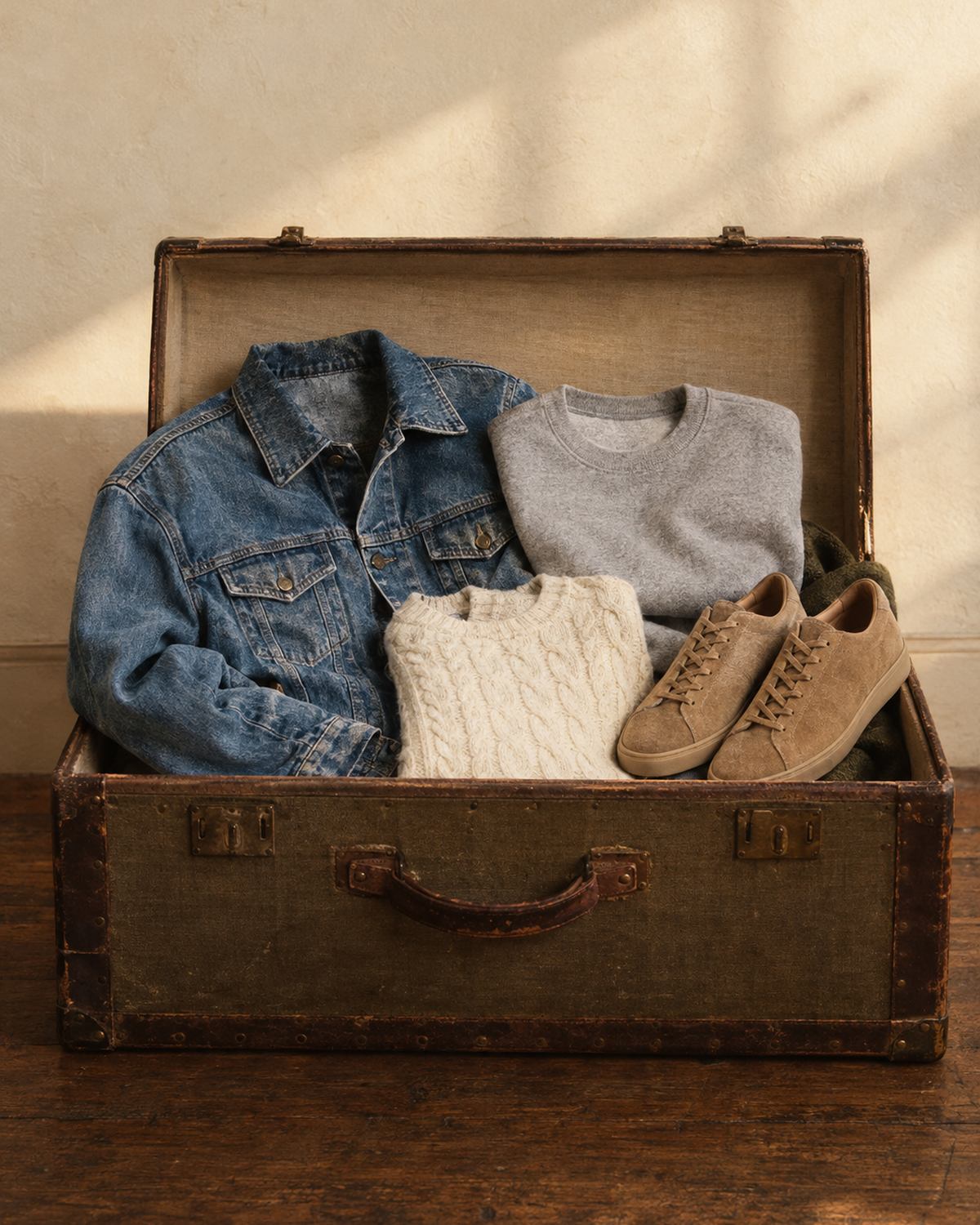 Open vintage steamer trunk holding a denim jacket, grey sweatshirt, cable knit and tan suede sneakers