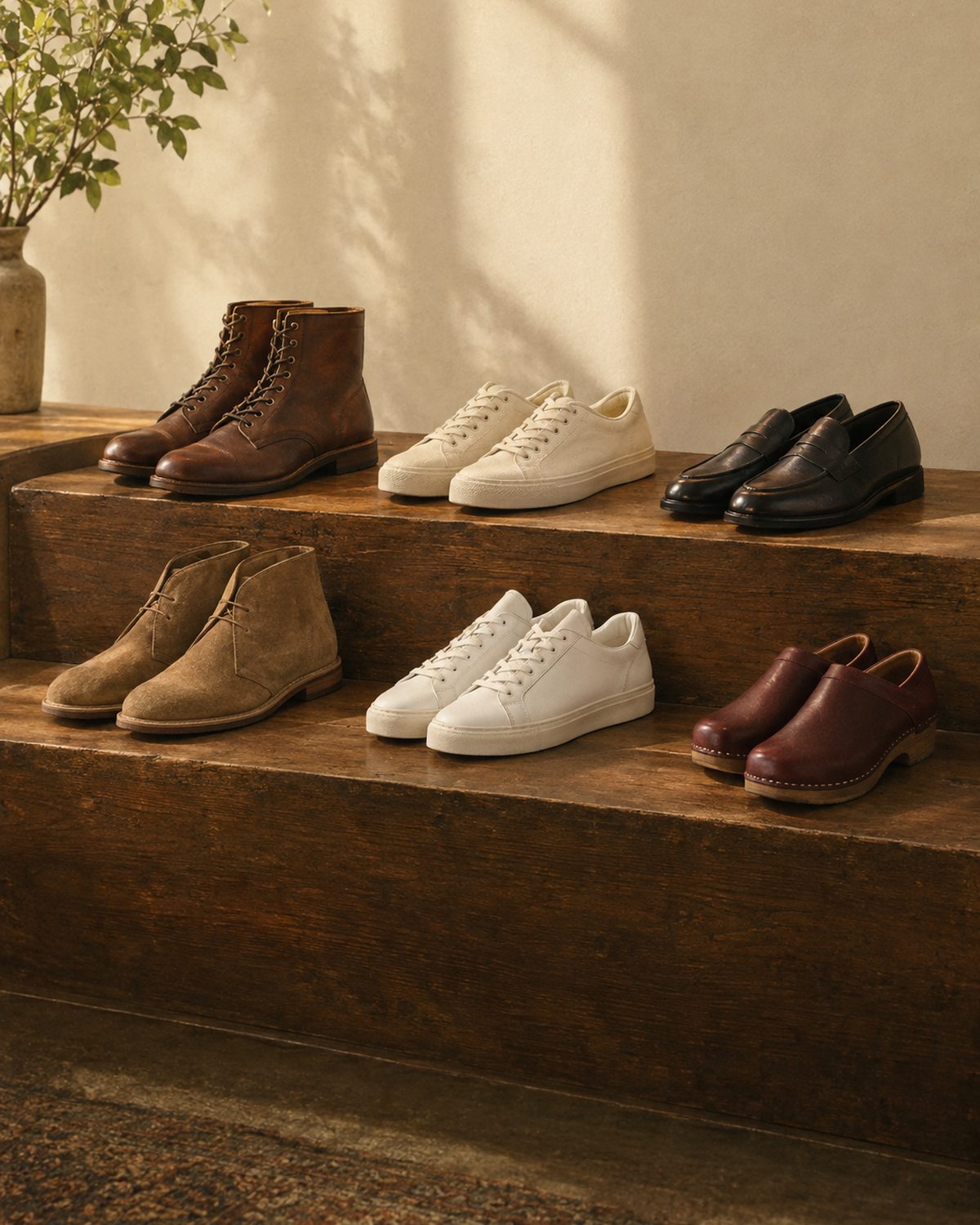 Boots, sneakers, loafers, suede chukkas and clogs lined up on stepped vintage oak risers