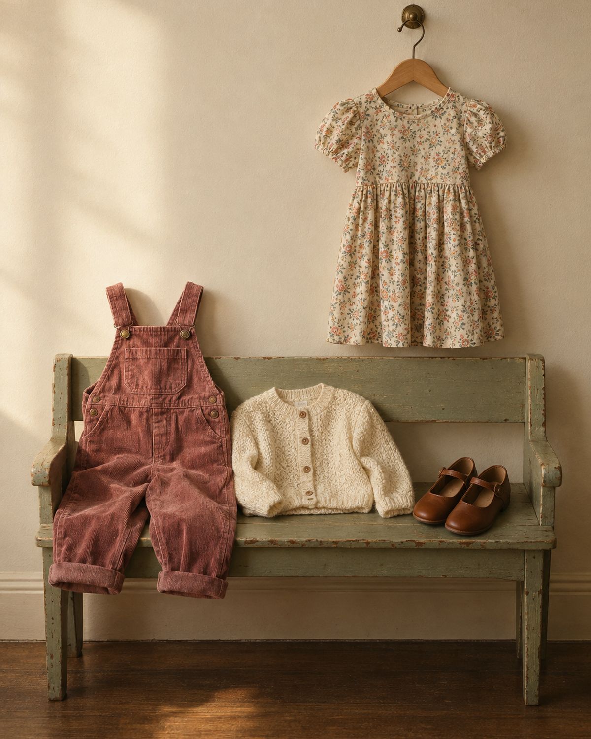 Girls' corduroy overalls, cream cardigan, floral dress and brown mary janes on a painted wooden bench