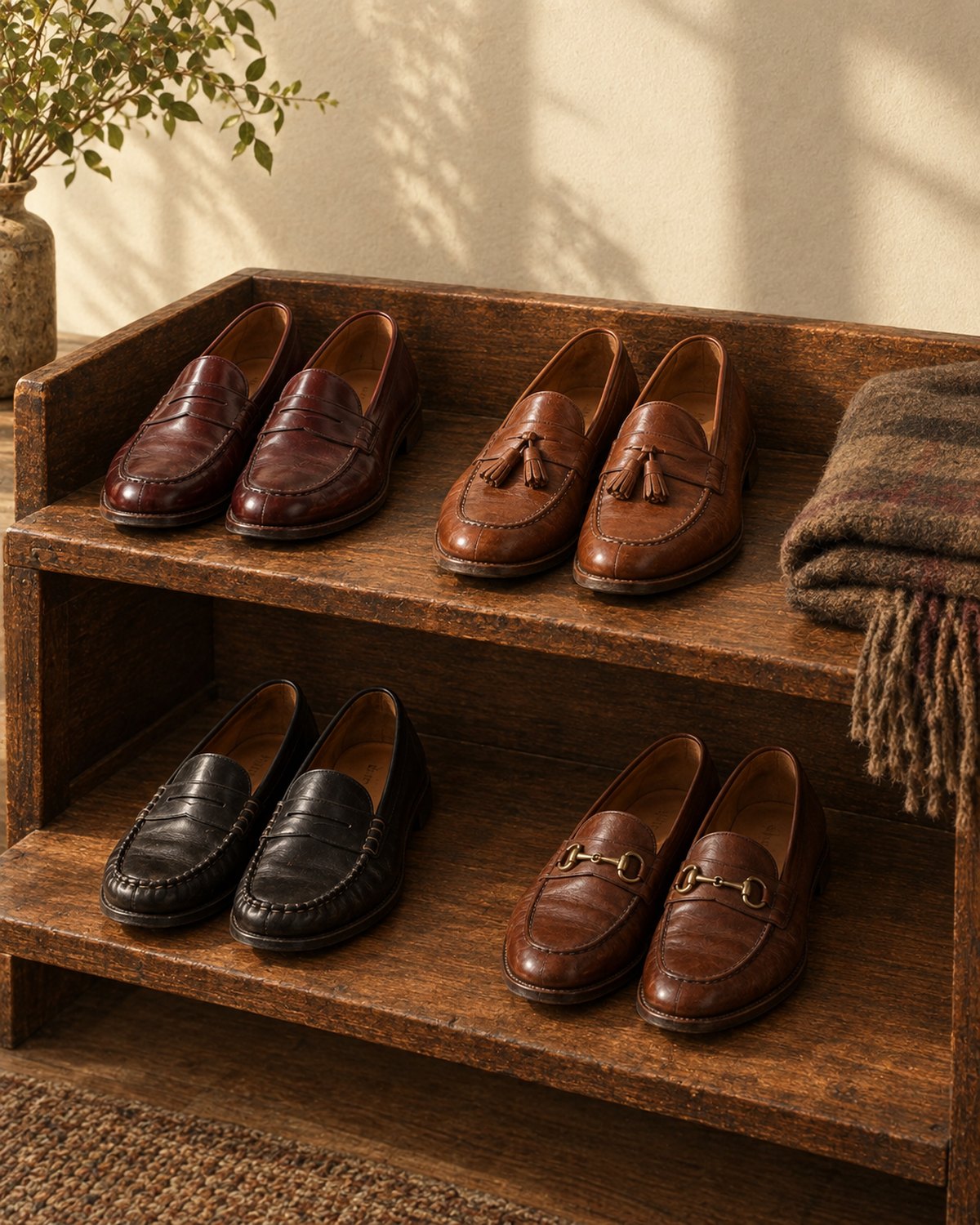 Oxblood penny loafers, cognac tassel loafers, black moc-toe loafers and brown bit loafers on an oak shoe rack
