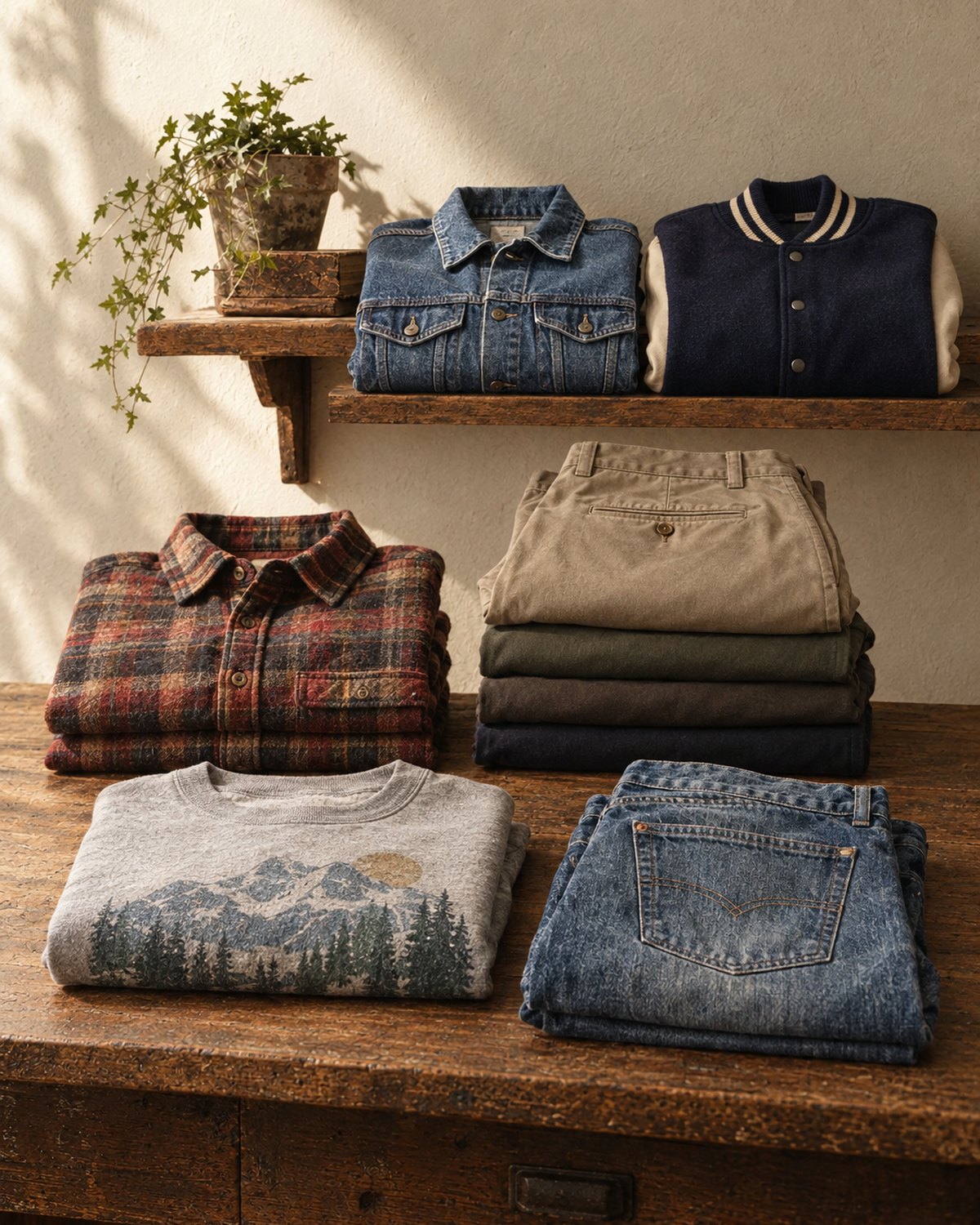 Men's vintage denim jacket, varsity jacket, flannel shirts, chinos, graphic sweatshirt and jeans folded on a rustic workbench
