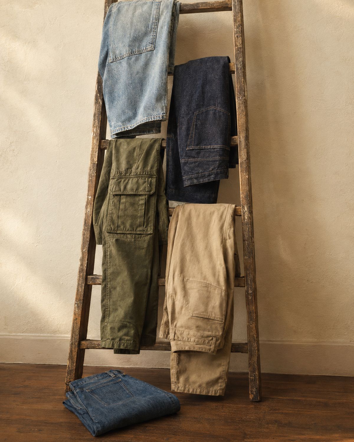 Men's light and dark denim, olive cargos and khaki chinos draped over a vintage wooden ladder