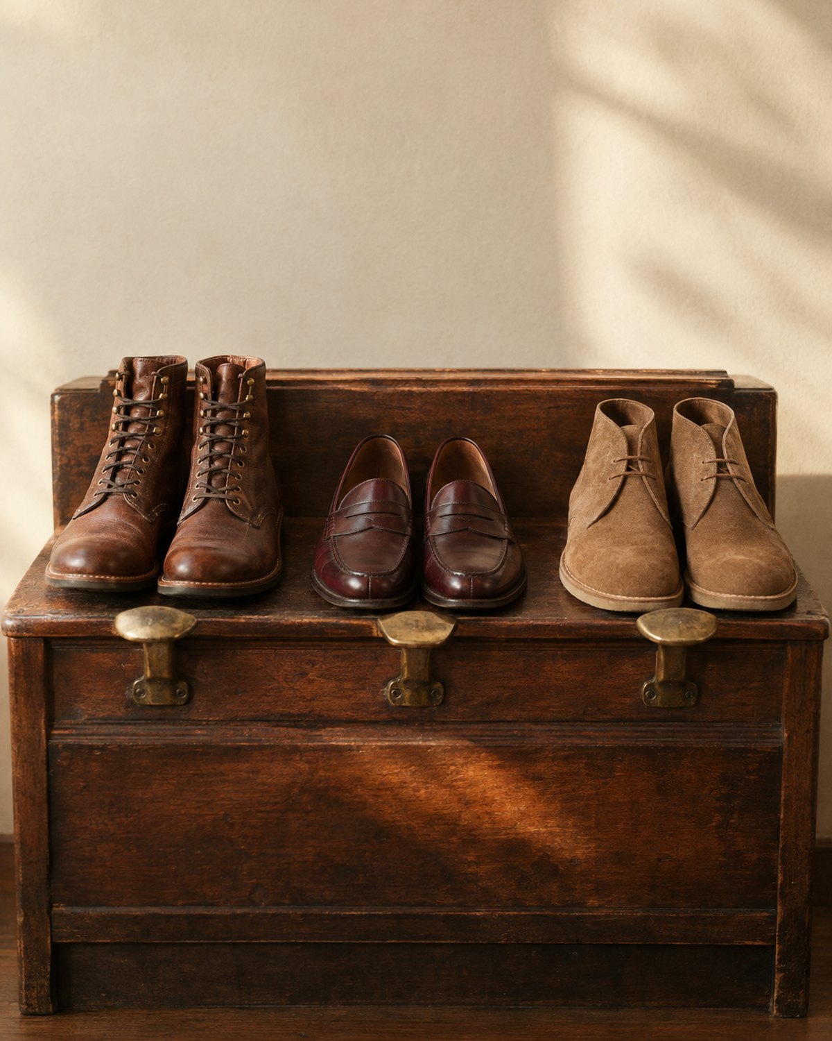 Men's leather work boots, oxblood penny loafers and suede chukkas on a vintage wooden shoe-shine stand