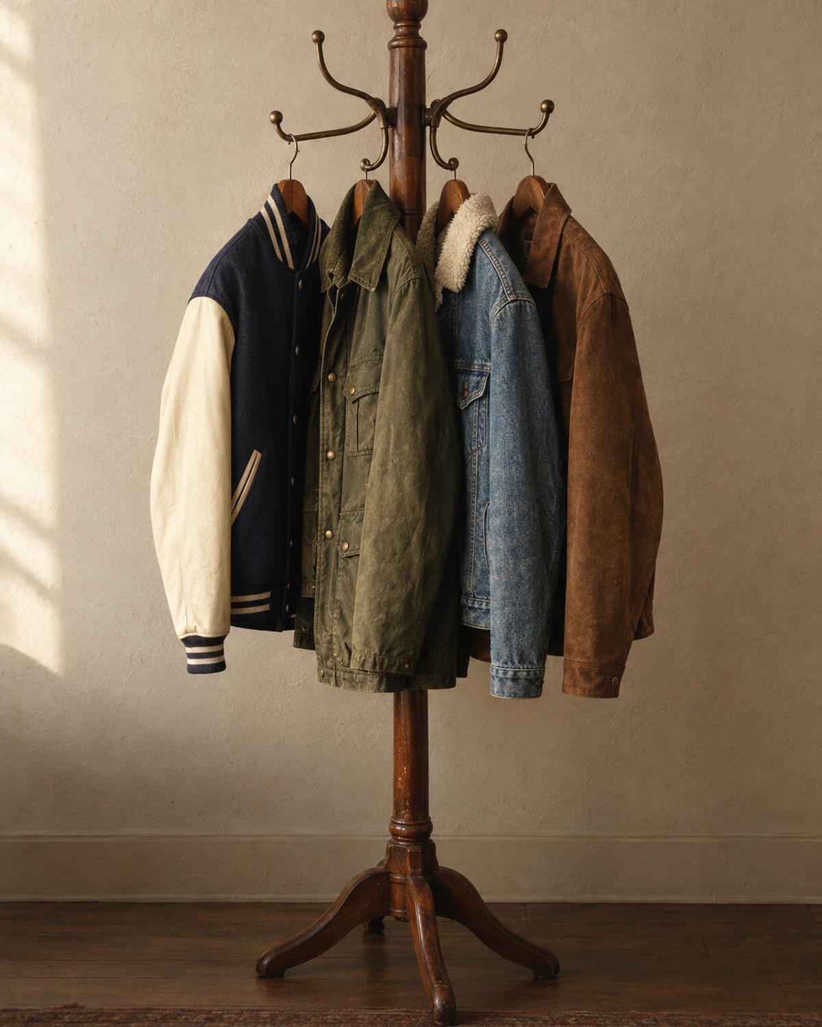 Men's varsity jacket, waxed field jacket, sherpa denim jacket and suede jacket on a vintage coat stand