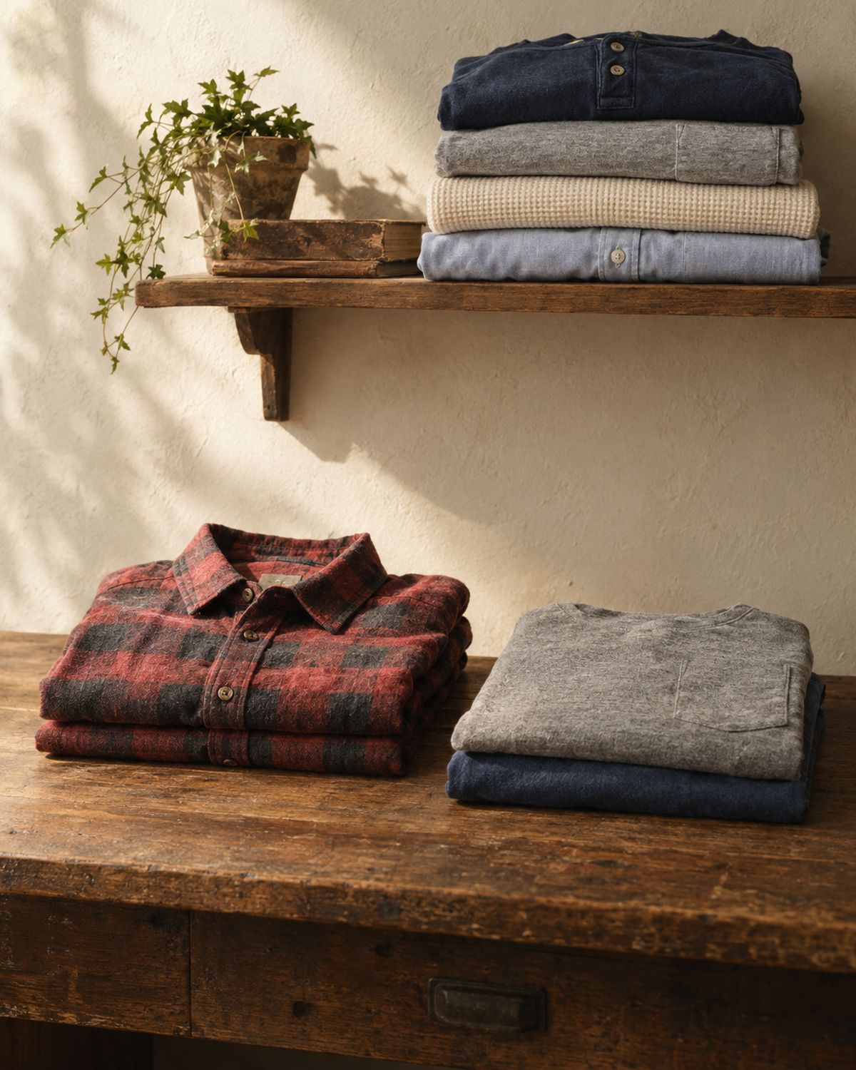 Men's buffalo check flannel, henley, waffle thermal, oxford and pocket tees folded on a vintage workbench
