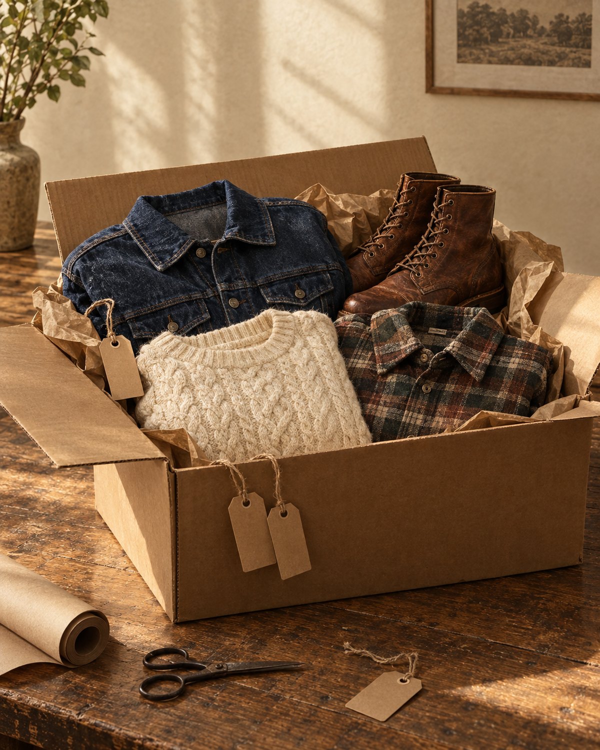 Open shipping box of new arrivals with a denim jacket, cable knit sweater, plaid flannel and leather boots