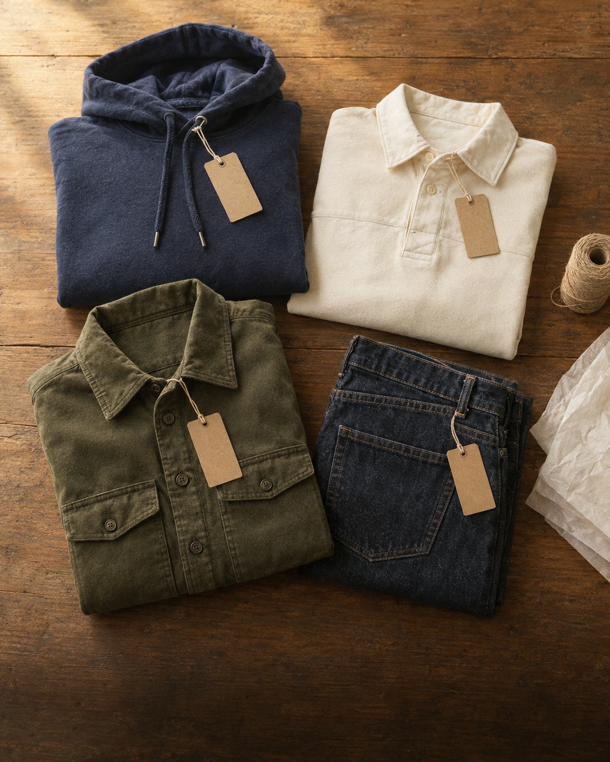 New-with-tags hoodie, rugby shirt, overshirt and dark jeans laid flat with blank kraft hang tags