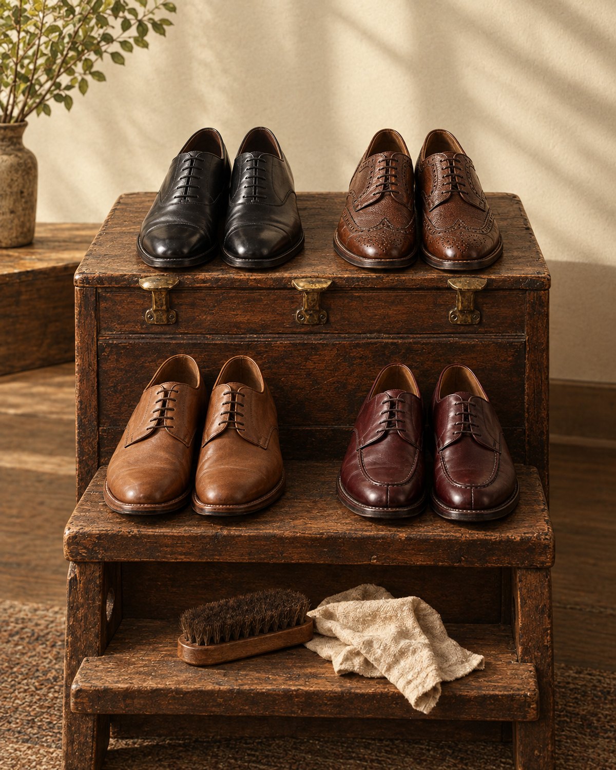 Black cap-toe oxfords, brown wingtips, tan derbys and burgundy apron-toe derbys on a vintage shoe-shine box