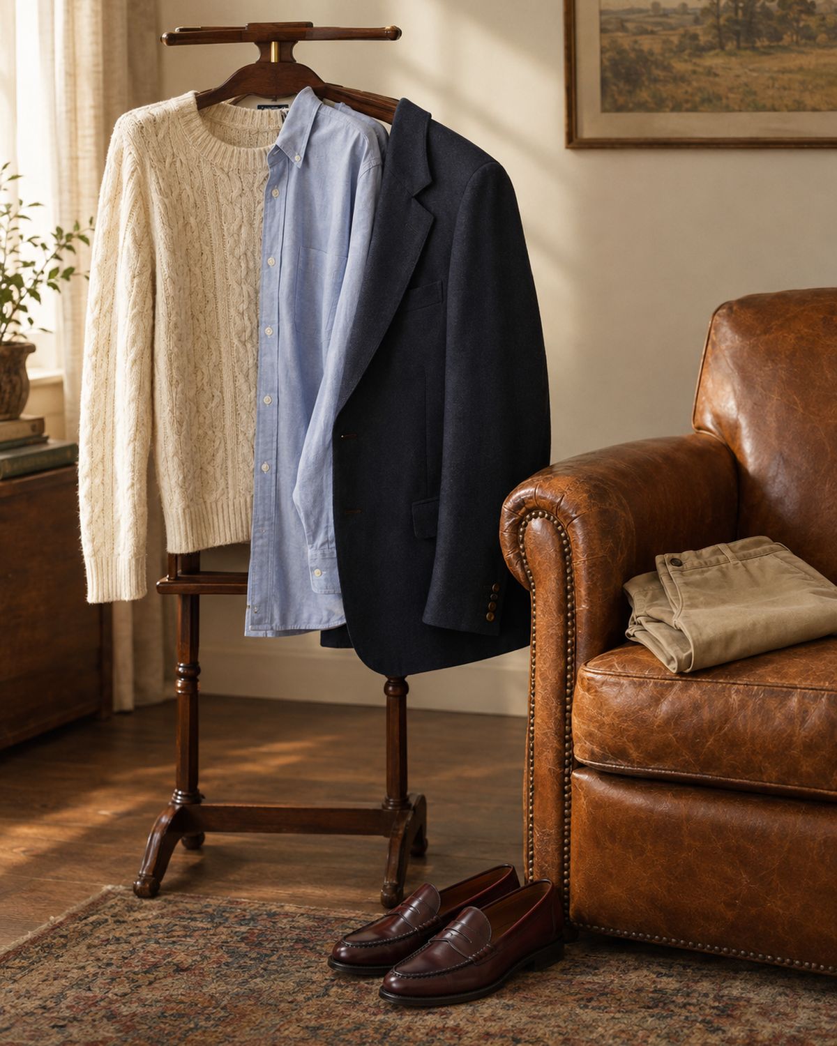 Cable knit, oxford shirt and navy blazer on a wooden valet stand beside chinos and penny loafers