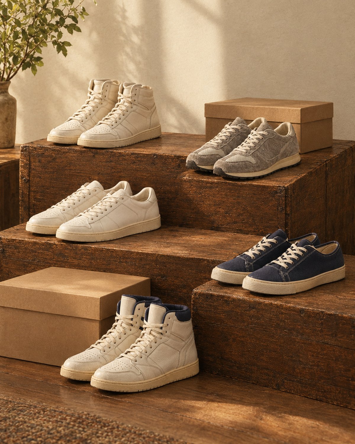 Vintage white leather high-tops and low-tops, grey suede runners and navy canvas sneakers on stepped oak crates
