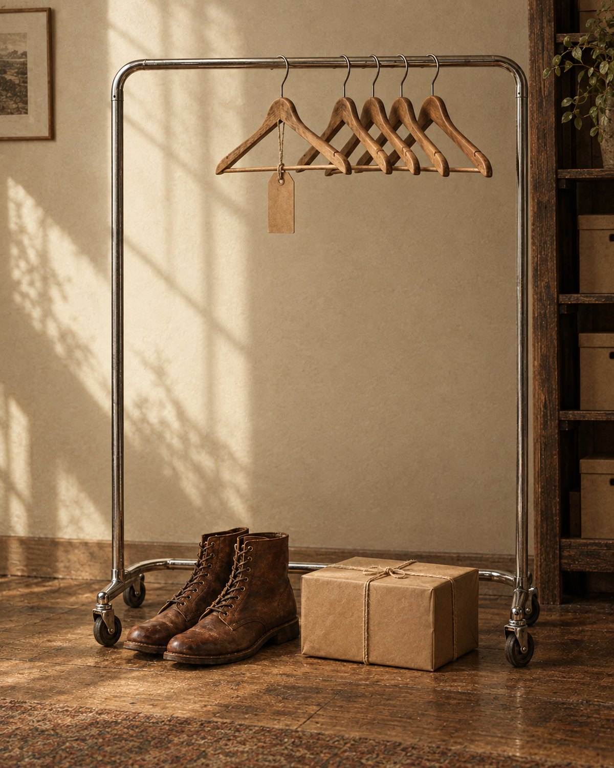 Empty chrome clothing rack with bare wooden hangers, worn leather boots and a wrapped parcel ready to ship