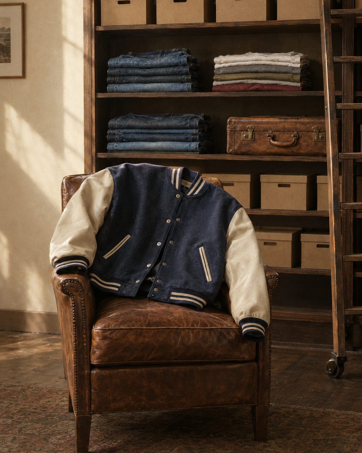 Vintage varsity jacket on a leather armchair in front of oak shelving stacked with denim and archive boxes