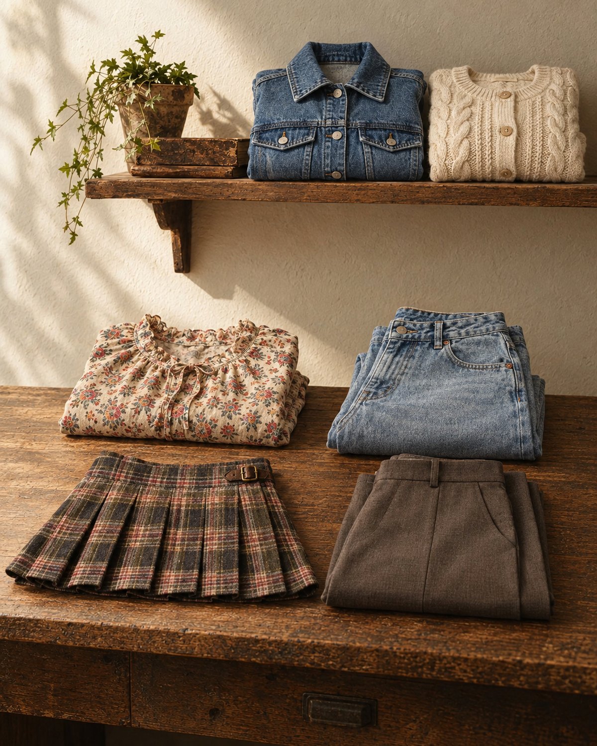 Women's vintage denim jacket, cable-knit cardigan, floral blouse, jeans, plaid pleated skirt and trousers folded on a rustic workbench