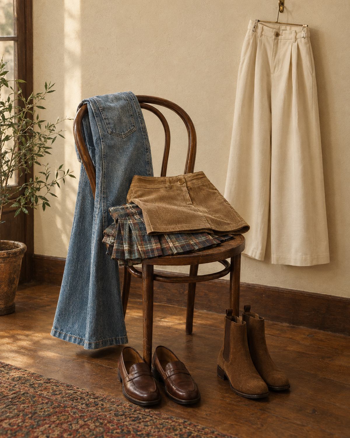 Women's flare jeans, corduroy and plaid skirts and cream wide-leg trousers styled on a bentwood chair