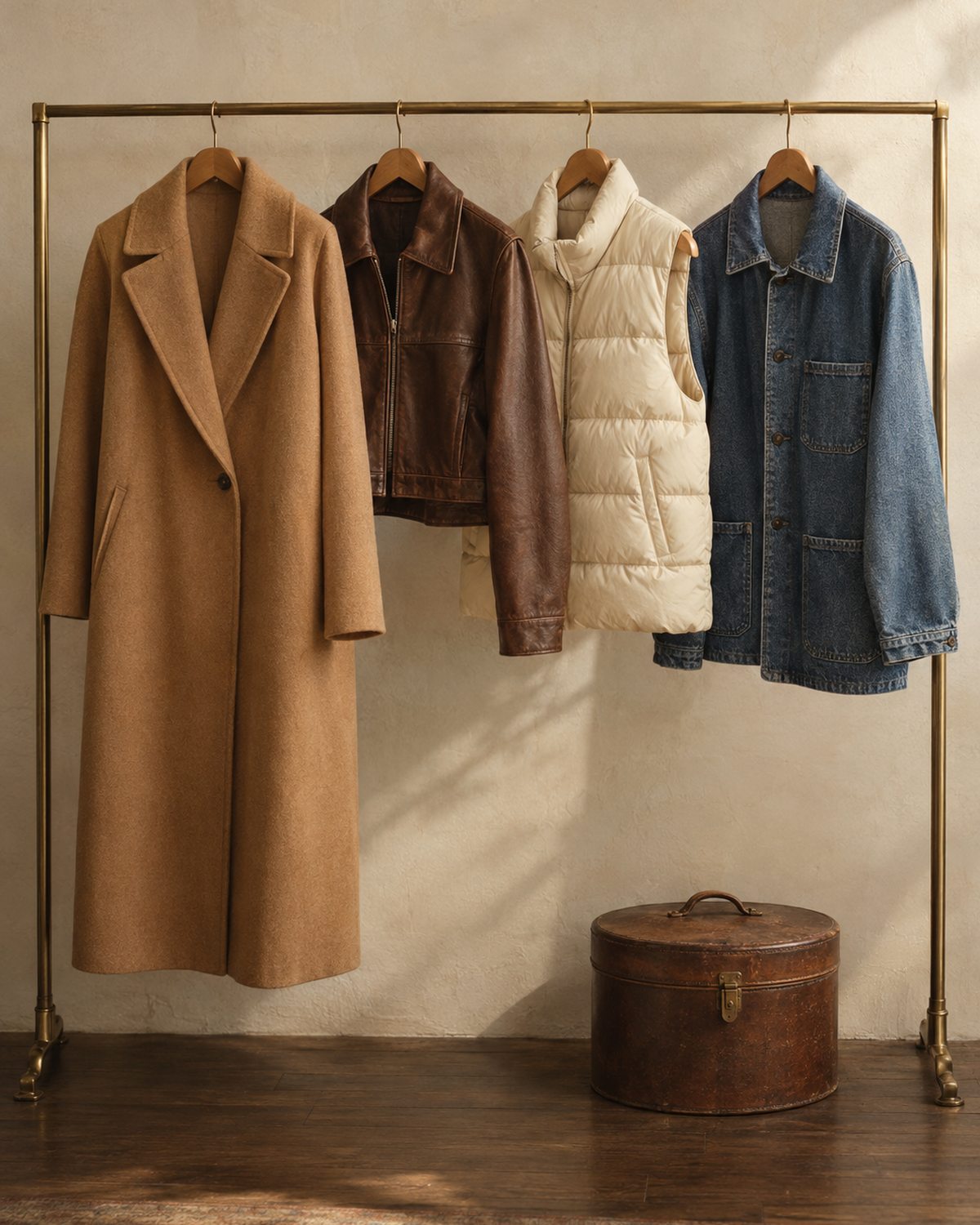 Women's camel wool coat, cropped leather jacket, puffer vest and denim chore coat on a brass rail