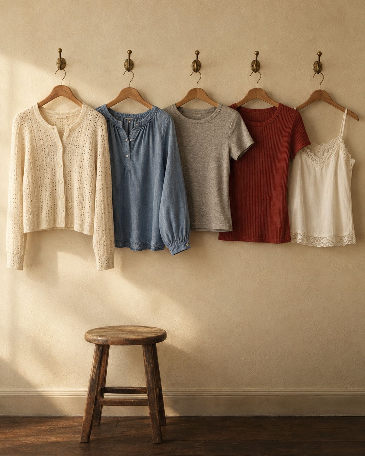 Women's pointelle cardigan, chambray blouse, baby tee, ribbed knit and lace camisole on brass hooks