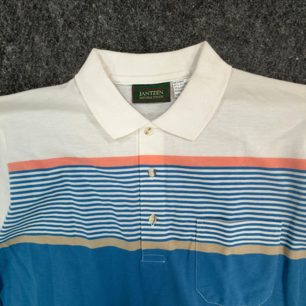 Jantzen Polo Shirt Mens Small Vintage 90s Mallard Blue Striped Pocket Deadstock