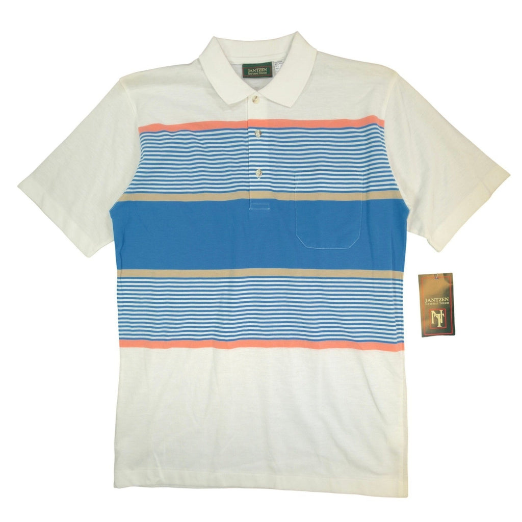 Jantzen Polo Shirt Mens Small Vintage 90s Mallard Blue Striped Pocket Deadstock