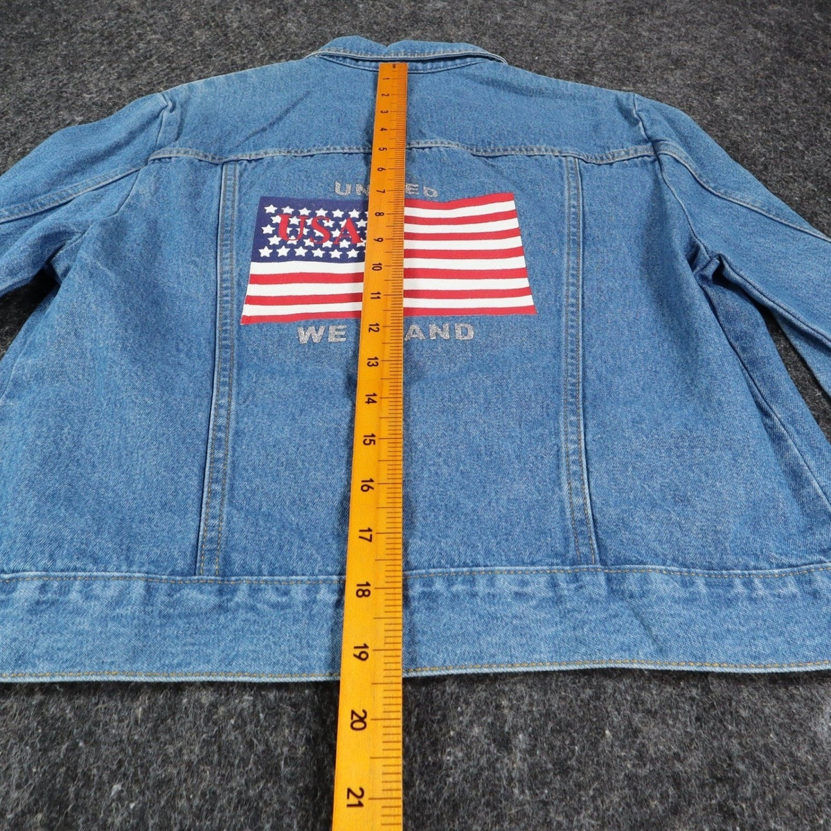 Tabloid Denim Jacket Womens Medium Y2K Blue Cotton USA Flag Graphic NWT
