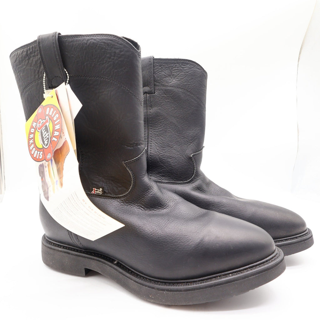 Justin Boots Mens 12 EE Black Leather Work Boots Pull On Roper 4763 NIB