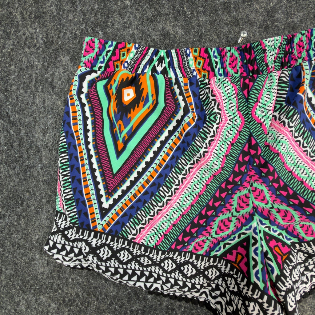My Michelle Tribal Shorts NWT Womens L Multicolor Lace Up Pom Pom Hem