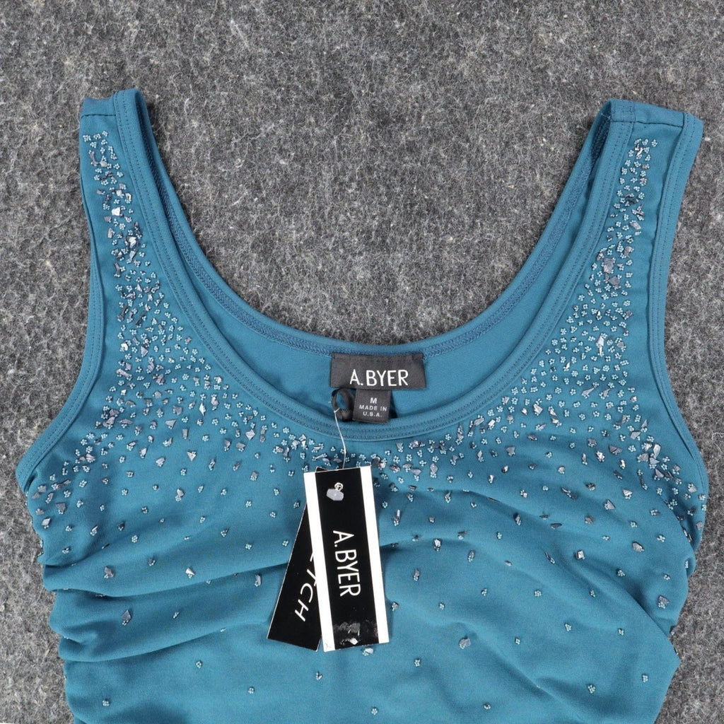 A. Byer Tank Top Womens Medium Y2K Teal Blue Ruched Beaded Stretch C799