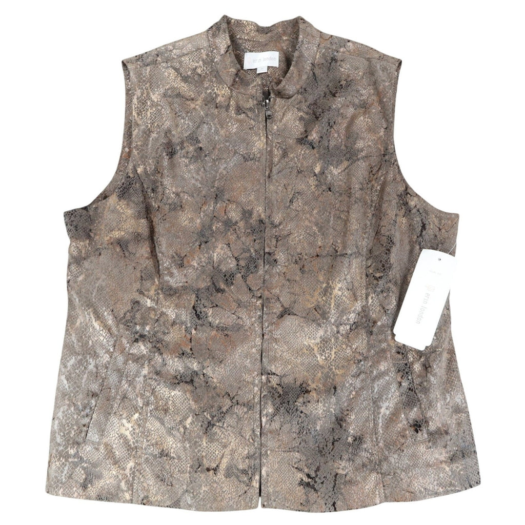 Erin London Vest XL Brown Metallic Snake Print Zip Up Mock Neck Sleeveless